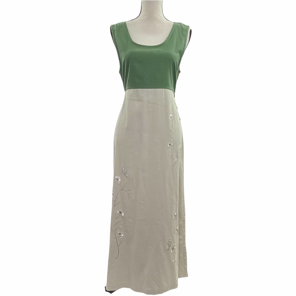 JANE Ashley Green Beige Floral Embroidered Sleeveless Tie Waist Maxi Dress